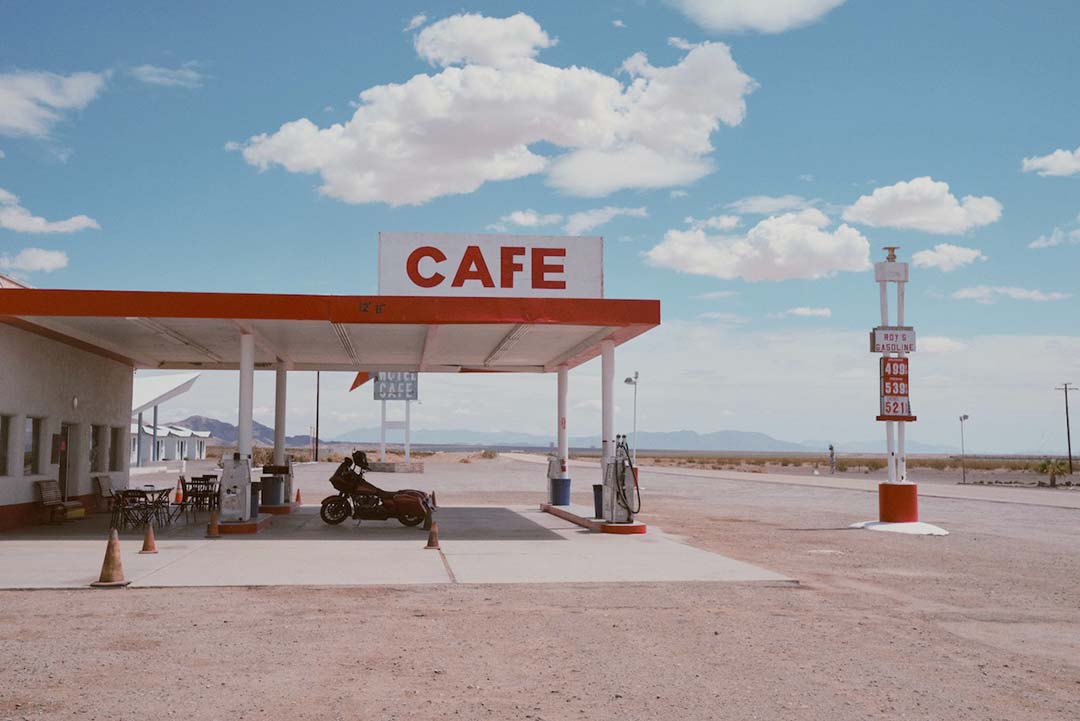Roadside cafe with a mortorcycle